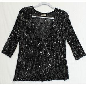 Georgina Estefania Open Knit Sweater Scoop Neck Women XL Black White Stretchy